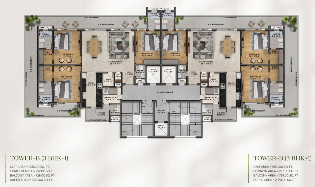 Tower B 3+1 BHK floor plan at Vintage Greens Zirakpur