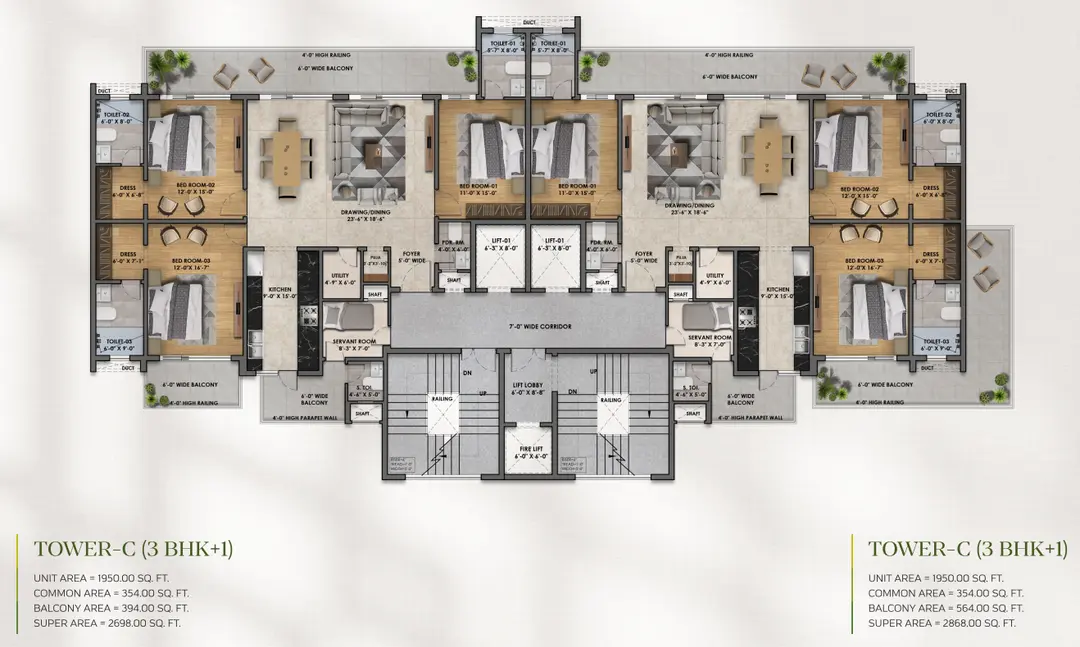2698 sq ft 3+1 BHK apartment layout at Vintage Greens
