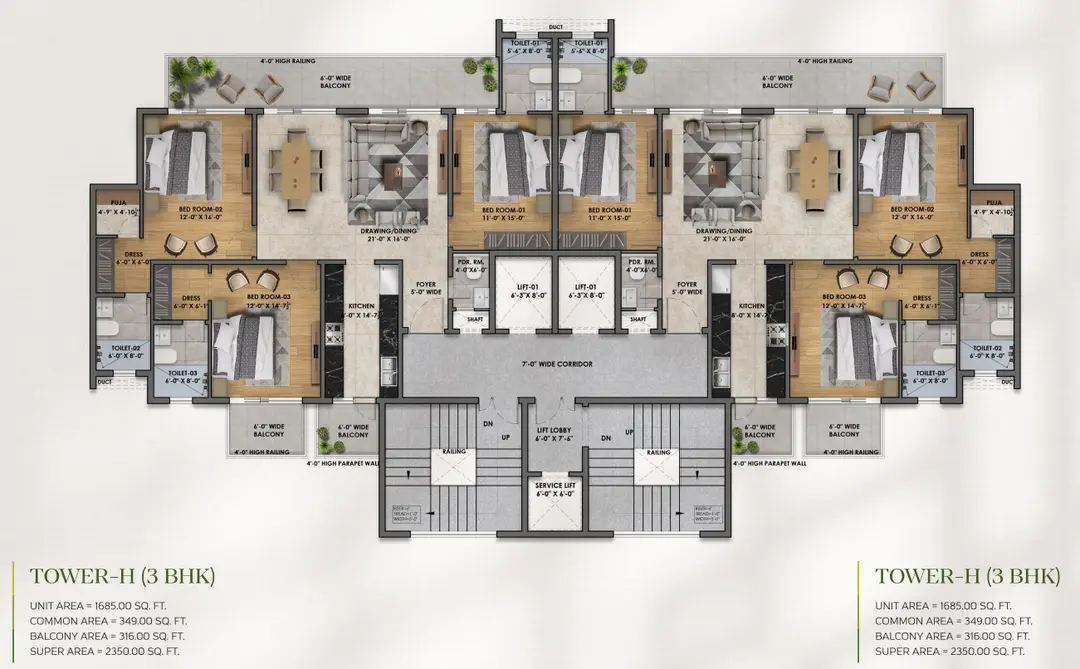 3 BHK floor plan at Vintage Greens Zirakpur Tower H