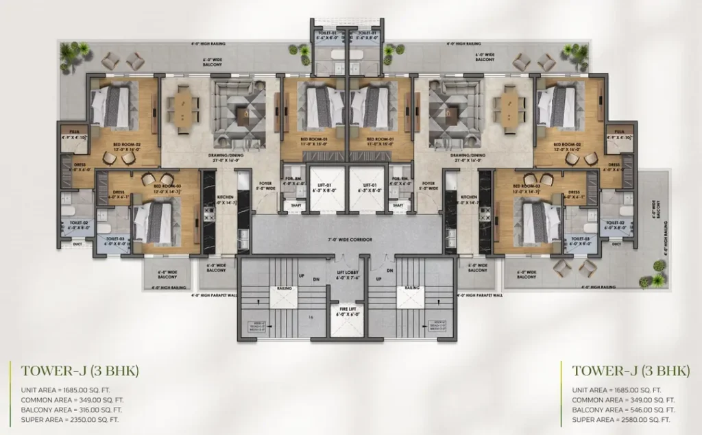3 BHK apartment layout on PR-7 Airport Road Zirakpur