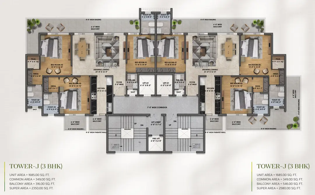 3 BHK apartment layout on PR-7 Airport Road Zirakpur